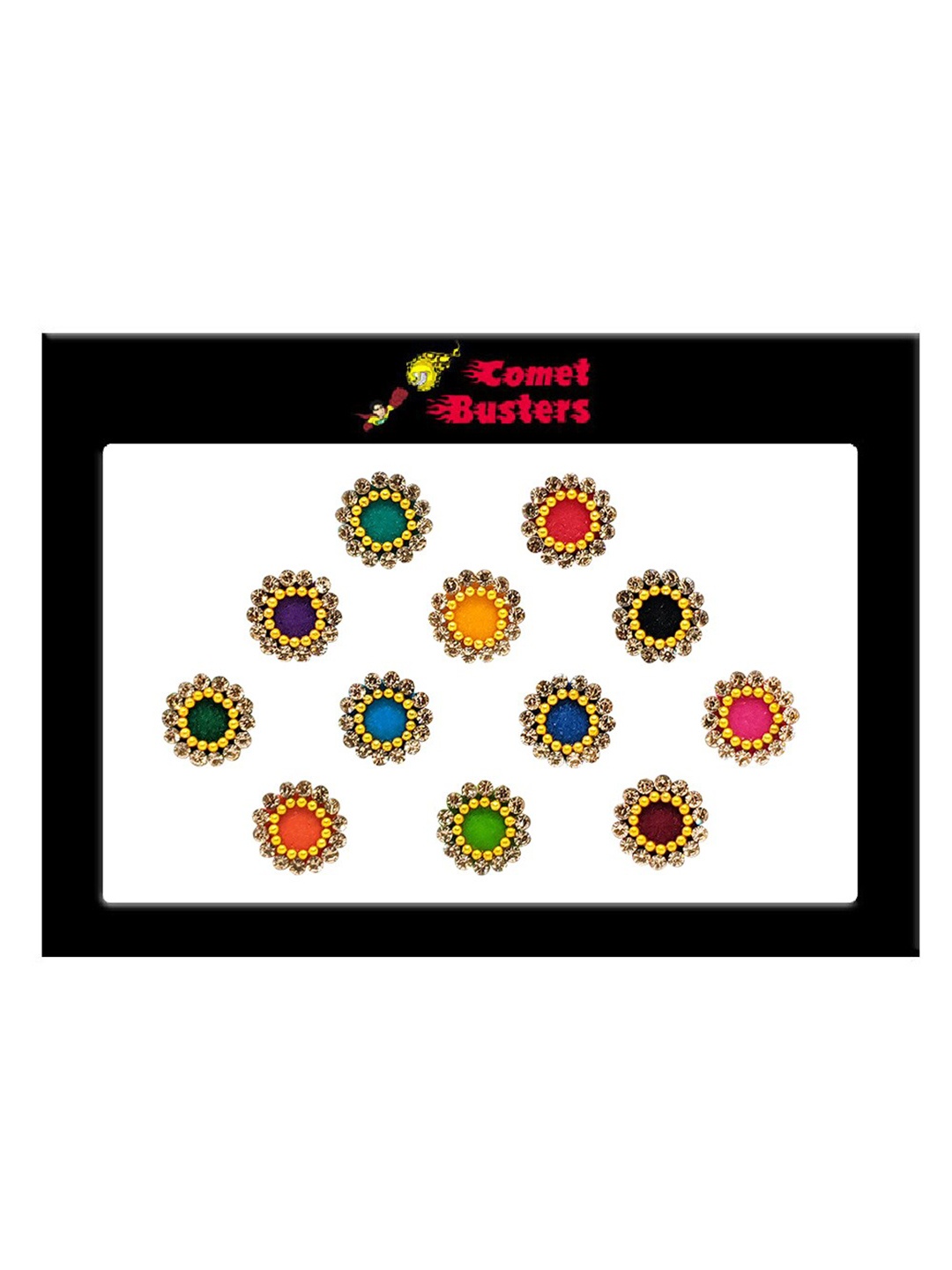 

Comet Busters 12 Pcs Embellished Reusable Designer Bindis - Multicoloured, Multi