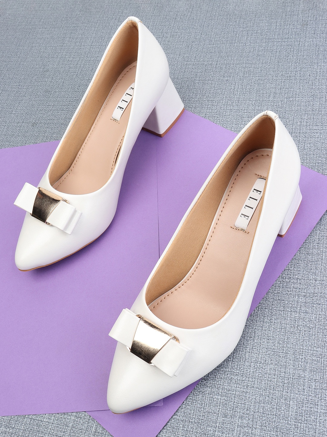 

ELLE White Block Heel Solid Pumps with Bow