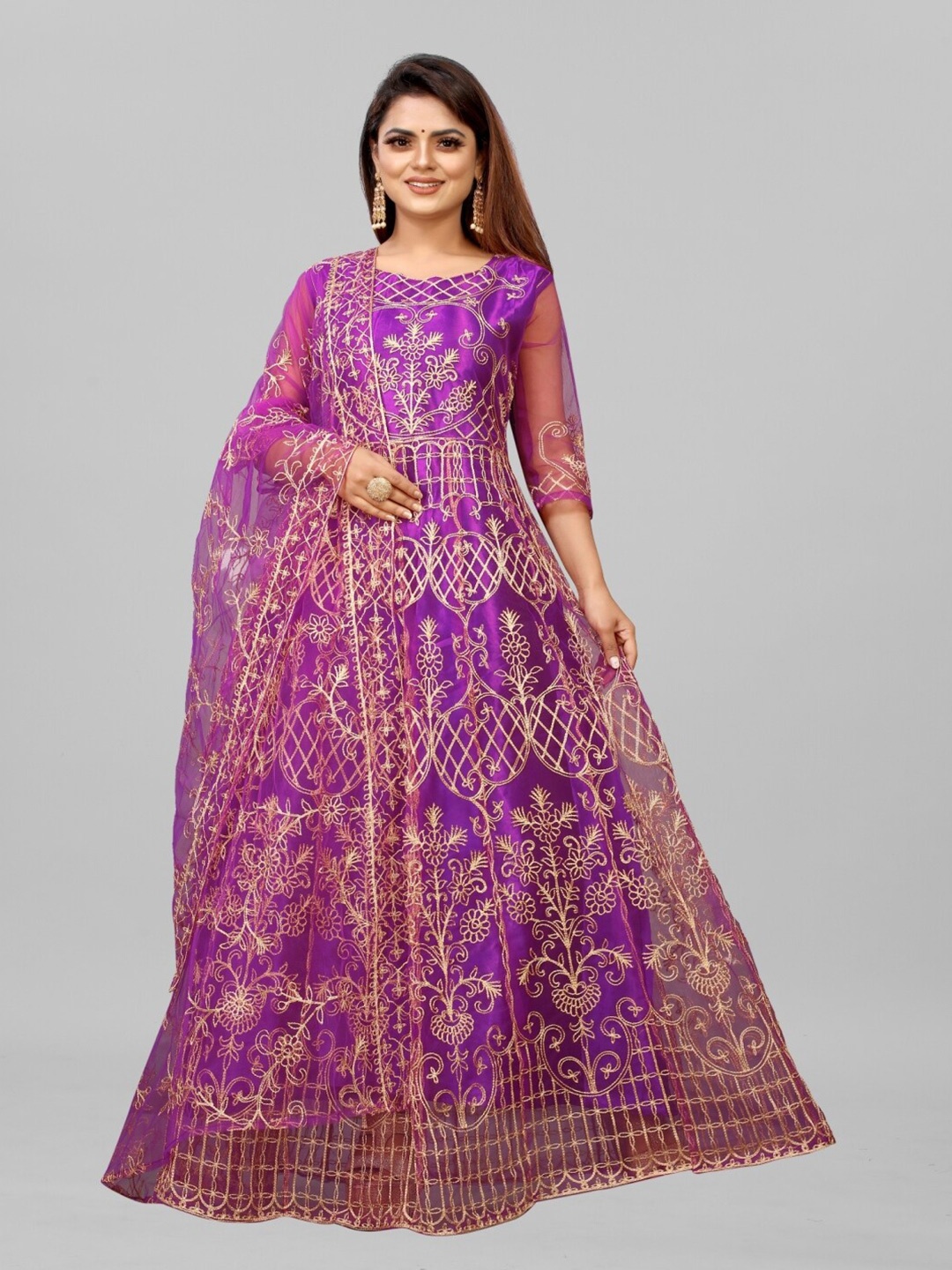 

APNISHA Purple Embroidered Semi-Stitched Dress Material