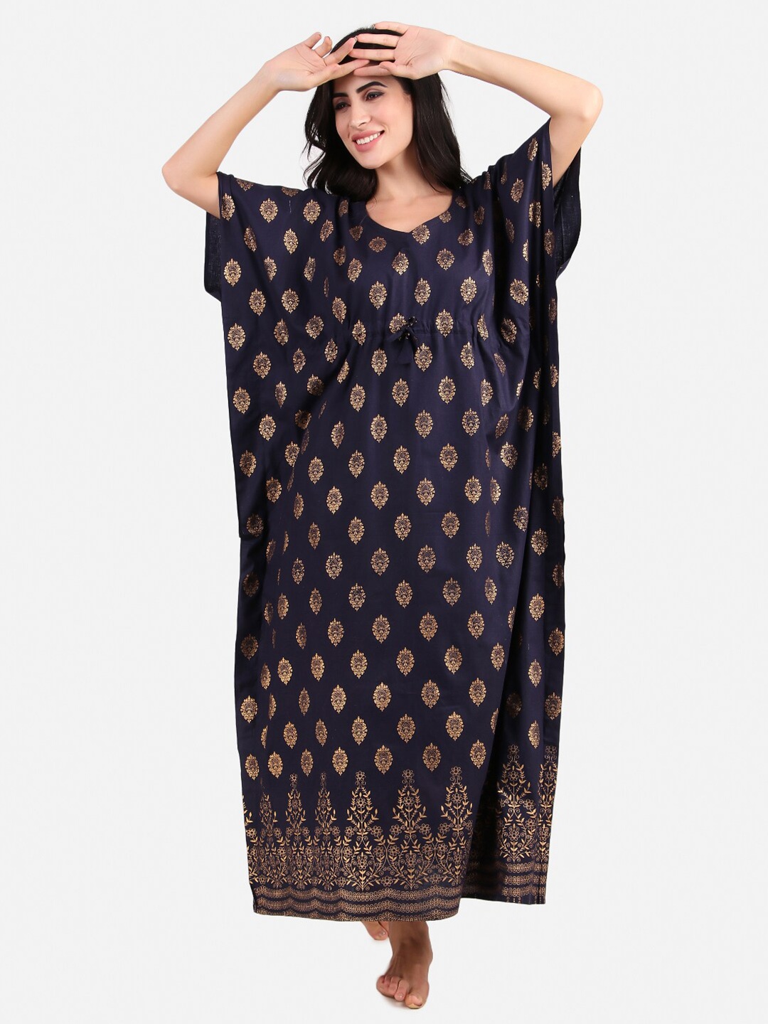 

Masha Navy Blue Printed Maxi Nightdress