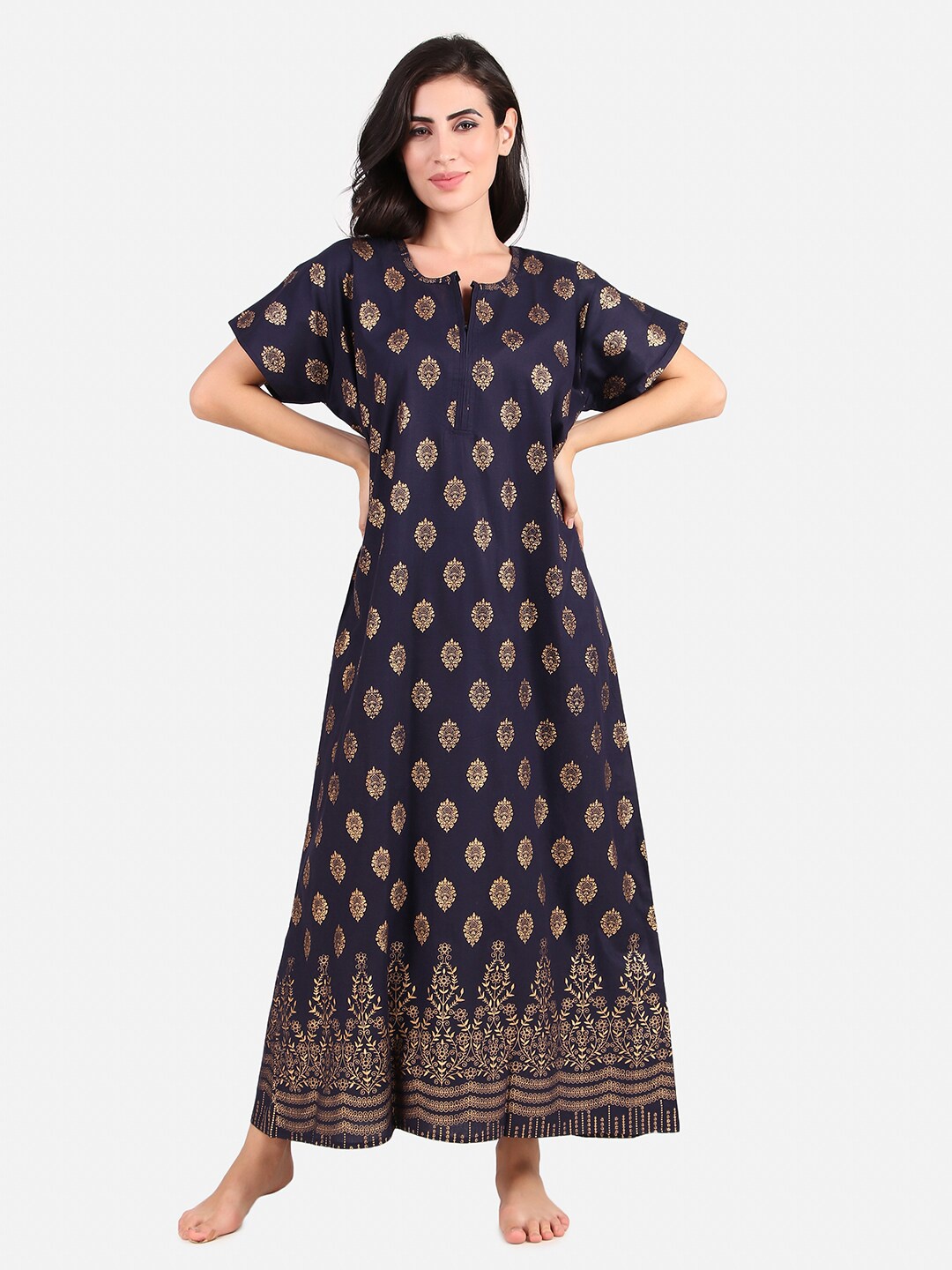 

Masha Navy Blue Printed Maxi Nightdress