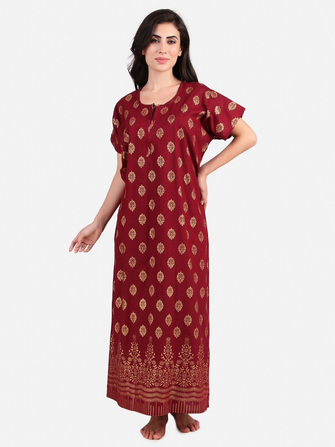 

Masha Maroon Printed Maxi Nightdress