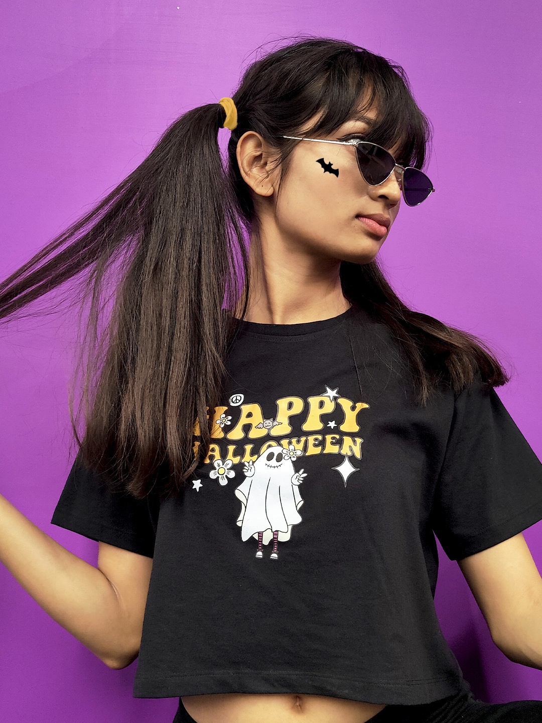 

YK Teen Girls Black Halloween Typography Printed Boxy Crop Pure Cotton T-shirt