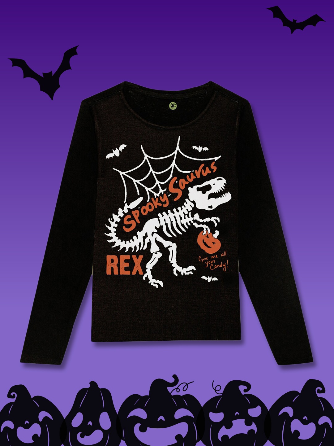 

YK Boys Black Halloween Dinosaur Graphic Printed T-shirt
