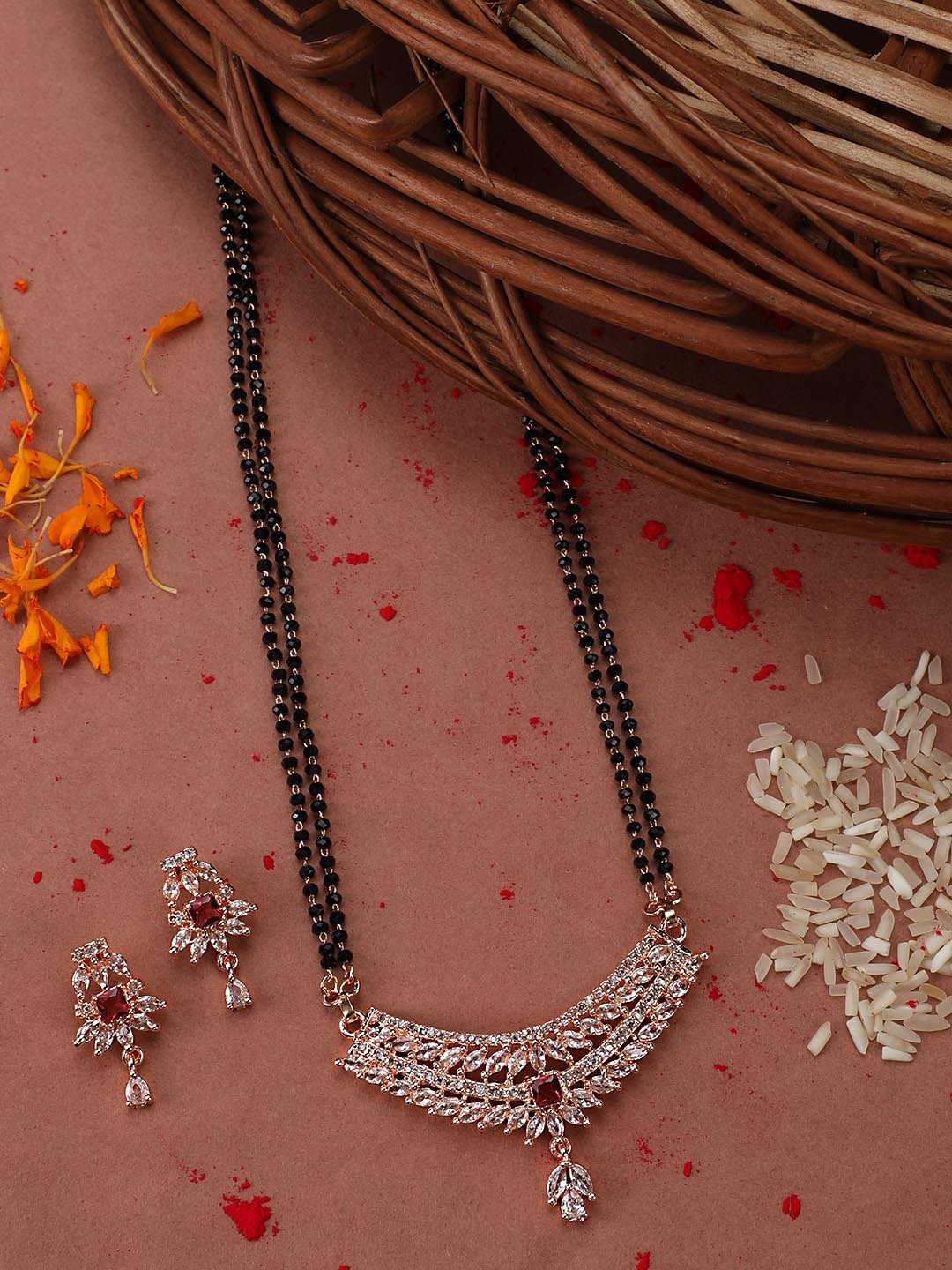 

Vita Bella Rose Gold-Plated White & Black CZ Studded & Beaded Mangalsutra With Earrings