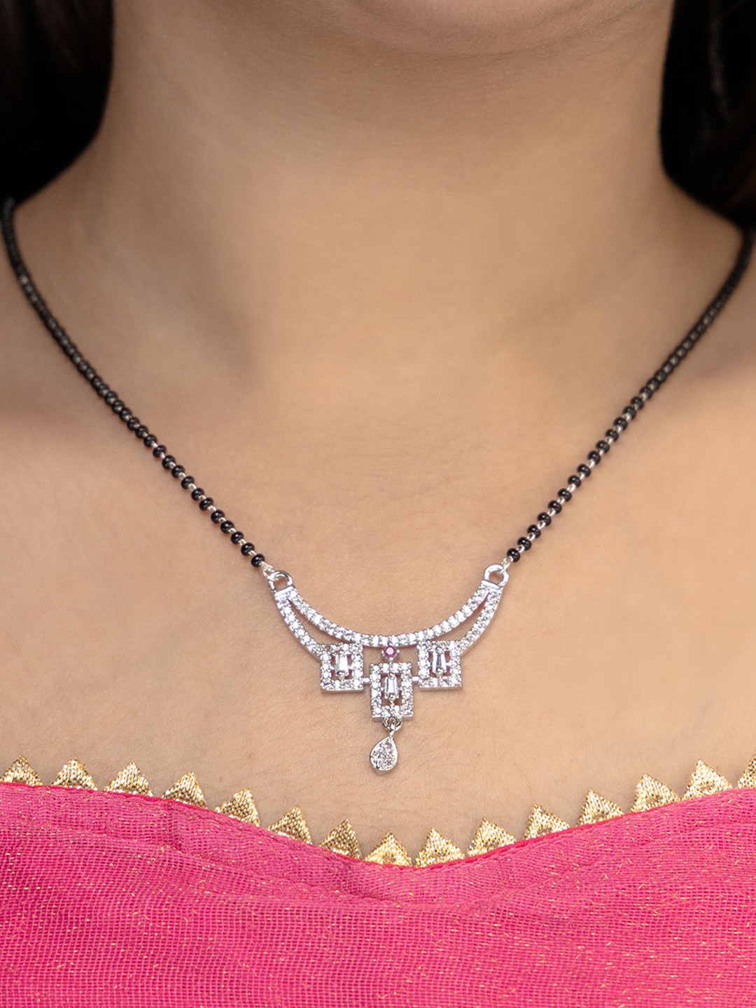 

Vita Bella Silver-Plated & Black Beaded Mangalsutra