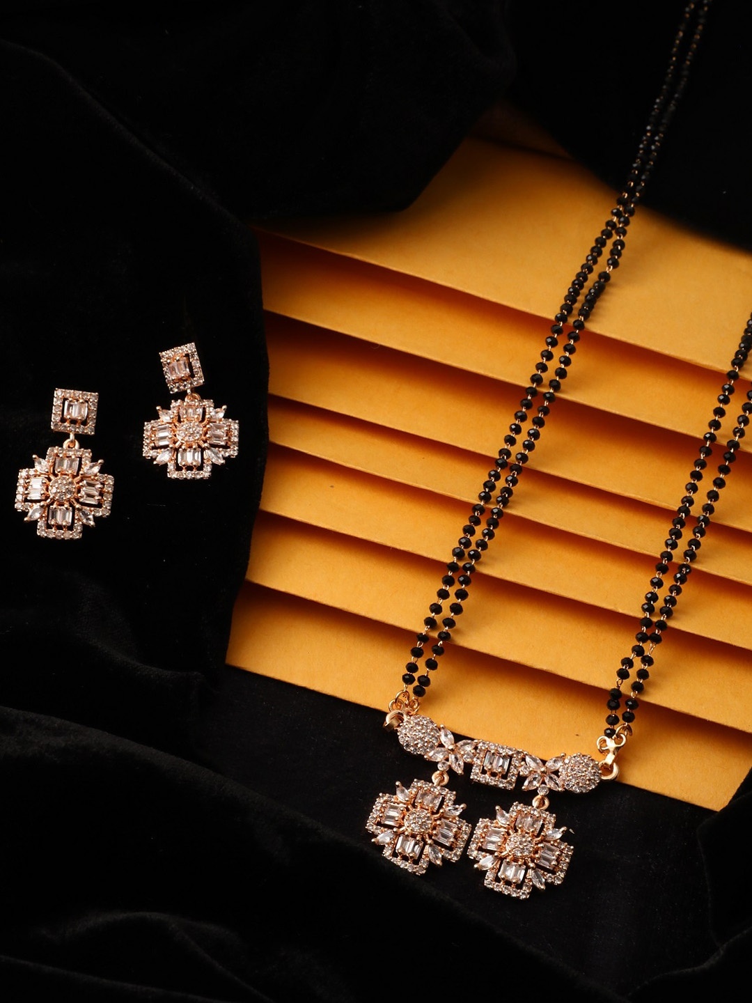 

Vita Bella Rose Gold-Plated & Black Beaded & White CZ Studded Mangalsutra