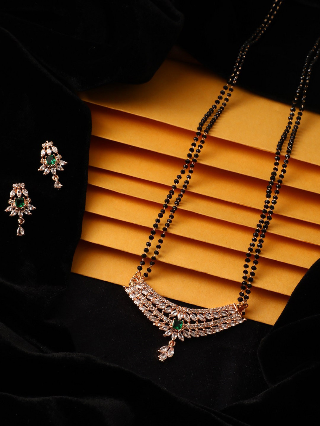 

Vita Bella Rose Gold-Plated & toned Black & Green CZ Studded Mangalsutra Set