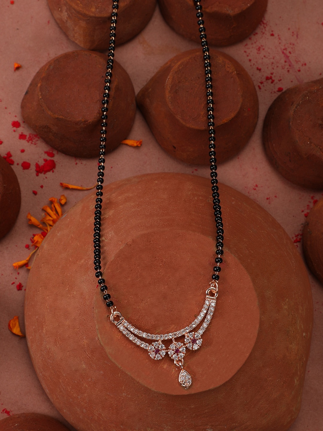 

Vita Bella Rose Gold-Plated White CZ Studded & Black Beaded Mangalsutra