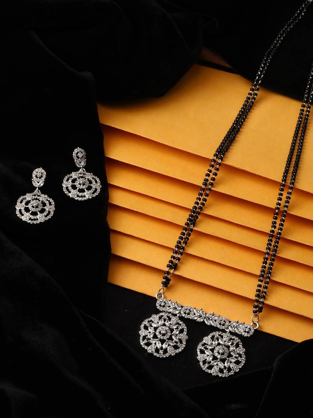 

Vita Bella Silver-Plated White & Black CZ Studded & Beaded Mangalsutra With Earrings