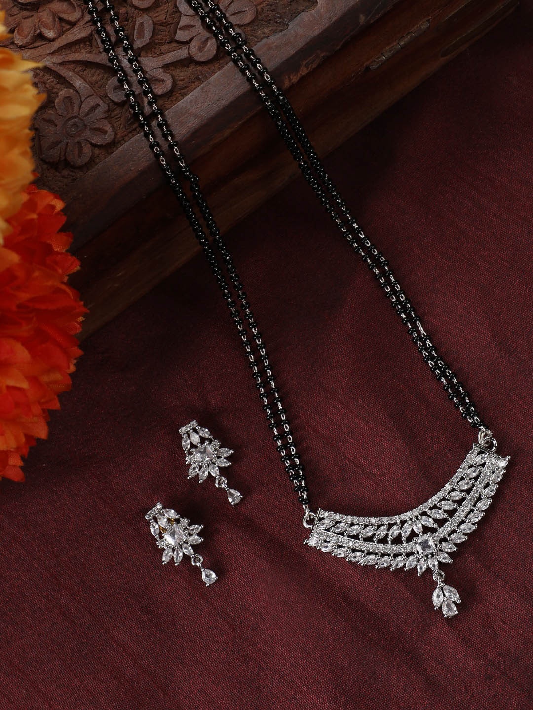 

Vita Bella Silver-Plated CZ stone-studded & Black Beaded Mangalsutra