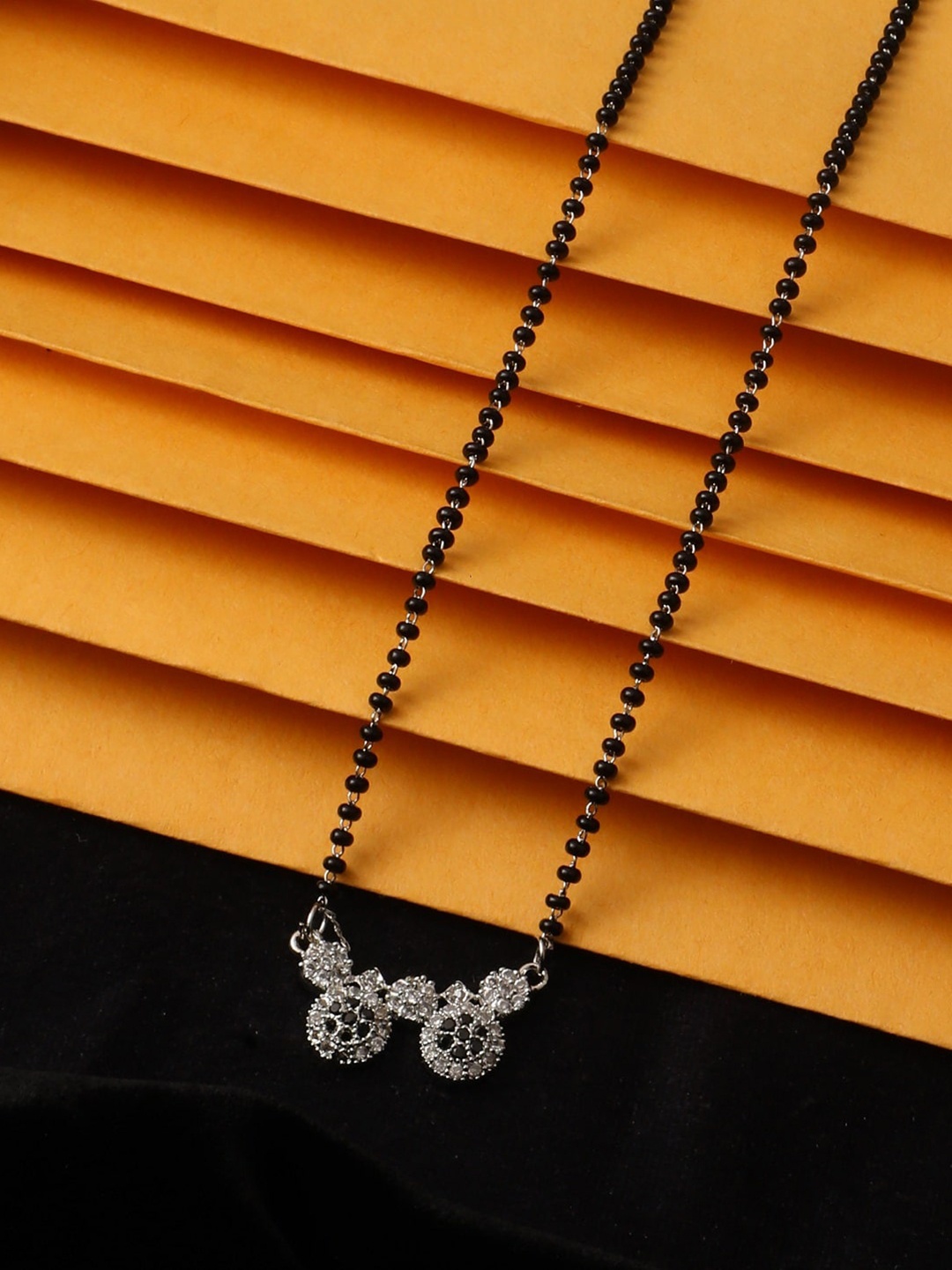 

Vita Bella Rose Gold-Plated White CZ Studded & Black Beaded Mangalsutra