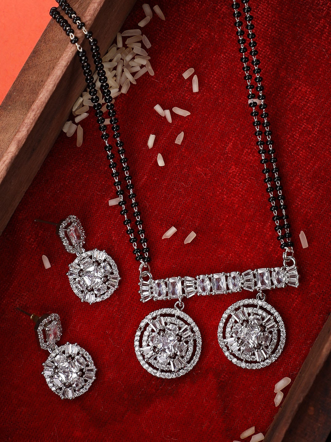 

Vita Bella Women Silver-Plated White CZ Studded & Black Beaded Mangalsutra With Earrings