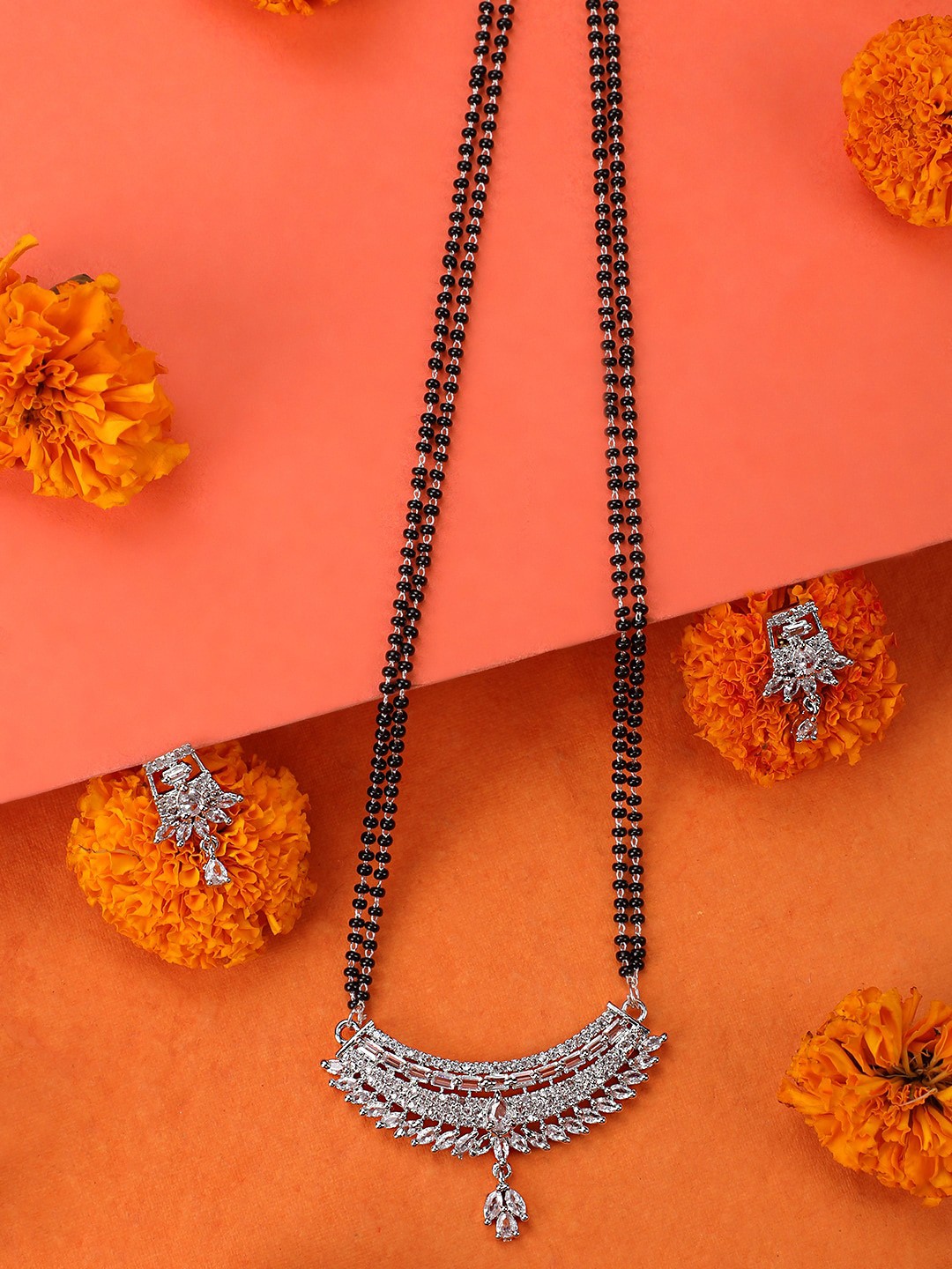 

Vita Bella Silver-Plated Black & White CZ Studded Mangalsutra Set