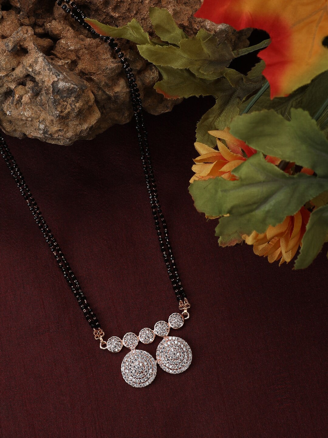 

Vita Bella Rose Gold-Plated & Black Stone Studded & Beaded Mangalsutra