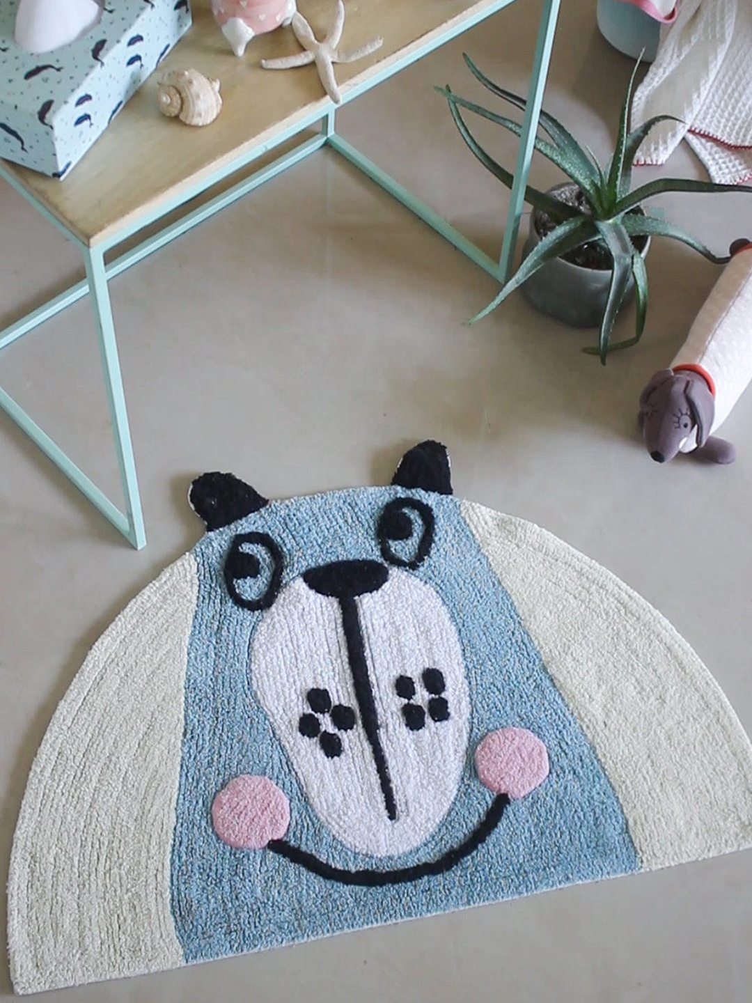 

The Wishing Chair Blue &Off-White Self Design Cotton Bath Rug