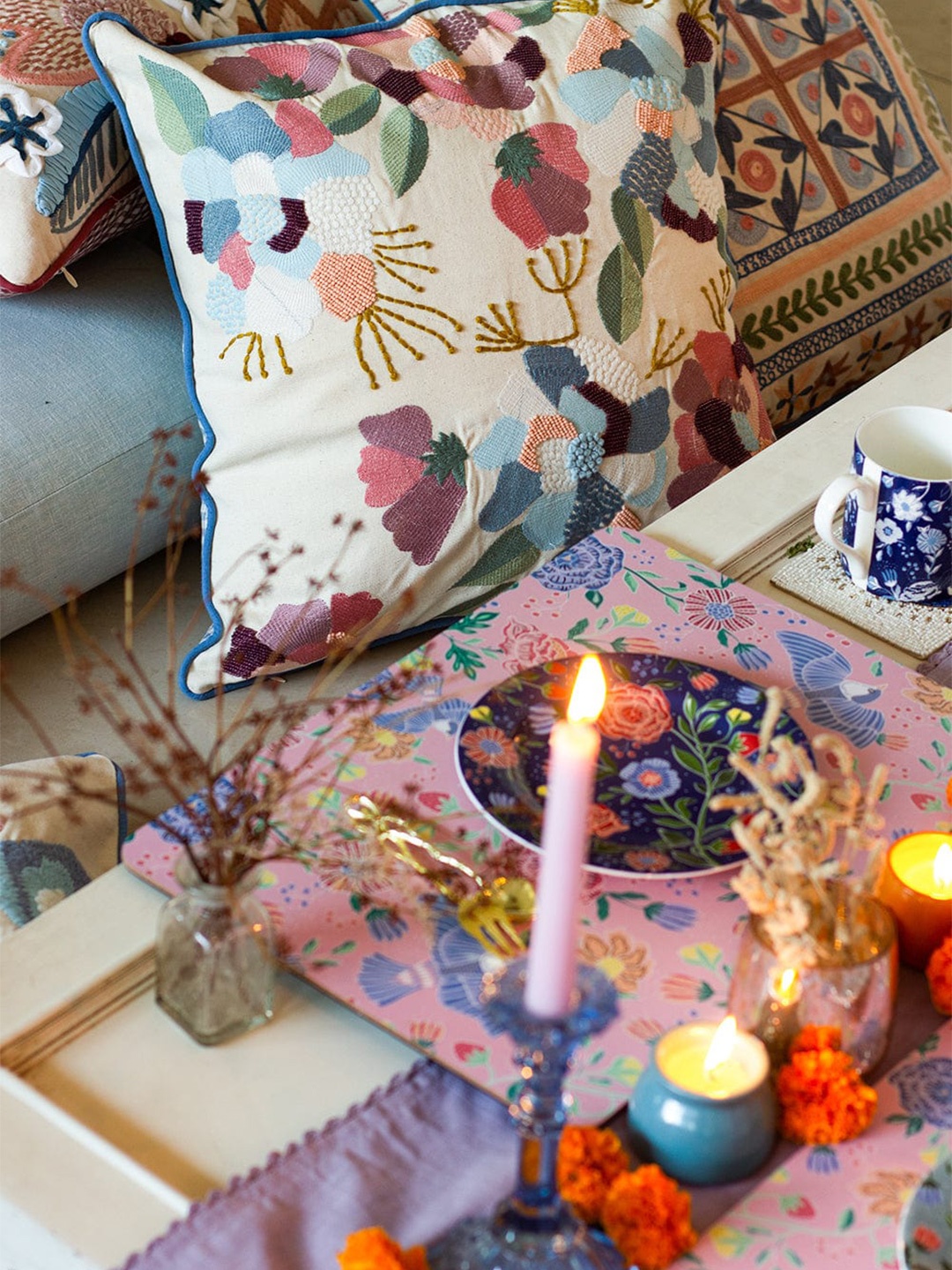 

The Wishing Chair Blue & Off White Floral Cotton Square Cushion Covers
