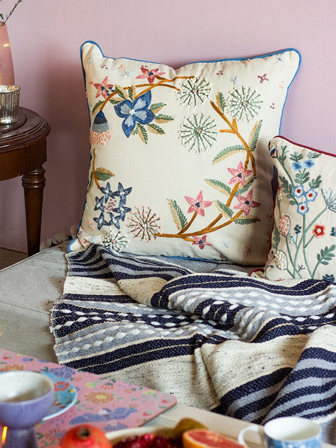 

The Wishing Chair Cream-Coloured & Blue Embroidered Cotton Square Cushion Covers