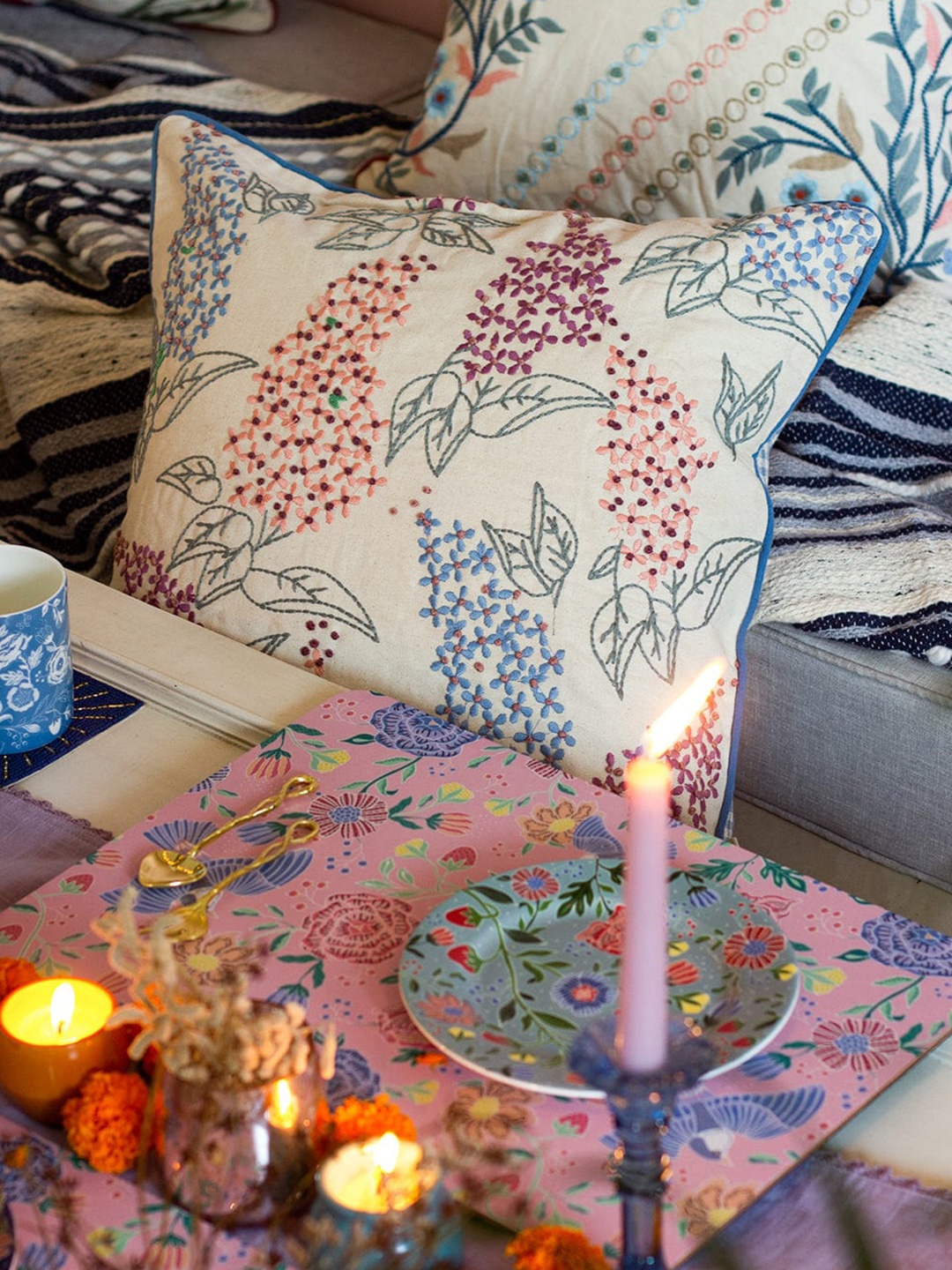 

The Wishing Chair Off White & Red Embroidered Square Cushion Covers