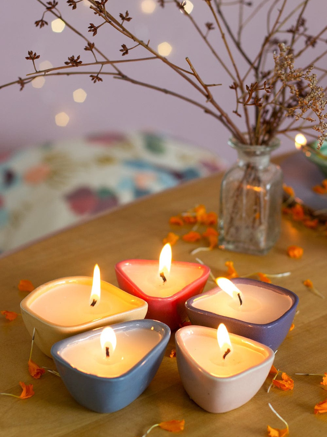

The Wishing Chair Set Of 5 Solid Stoned Diyas, Blue
