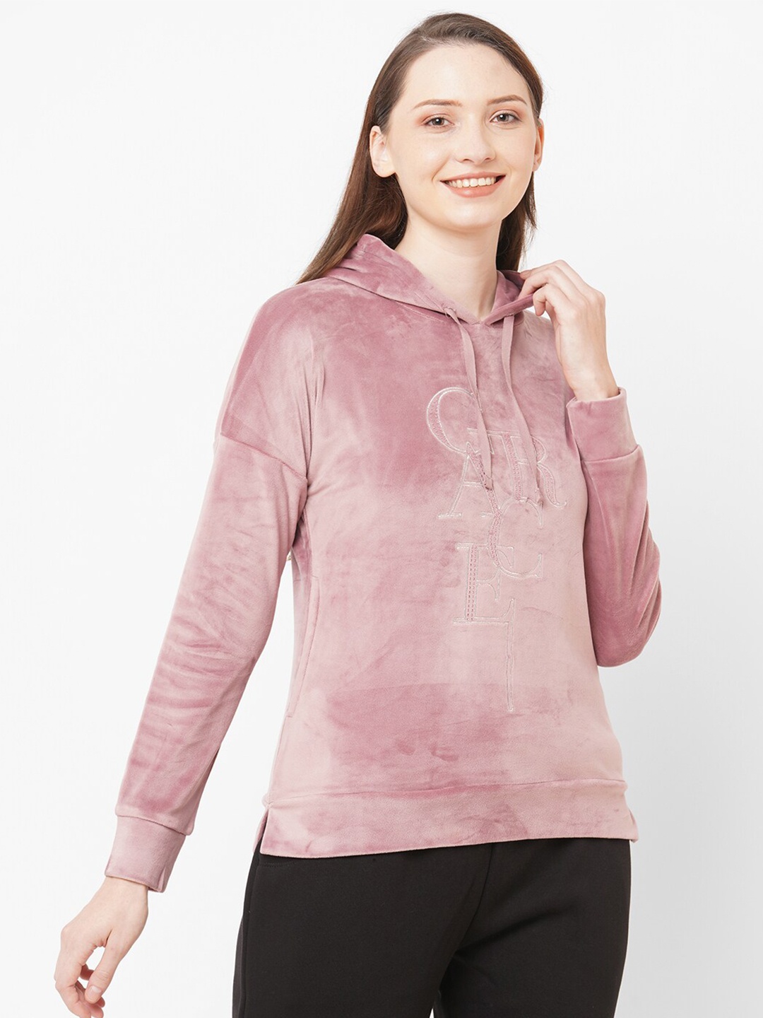 

SDL By Sweet Dreams Women Embroidered Fleece Hooded Sweatshirt, Mauve