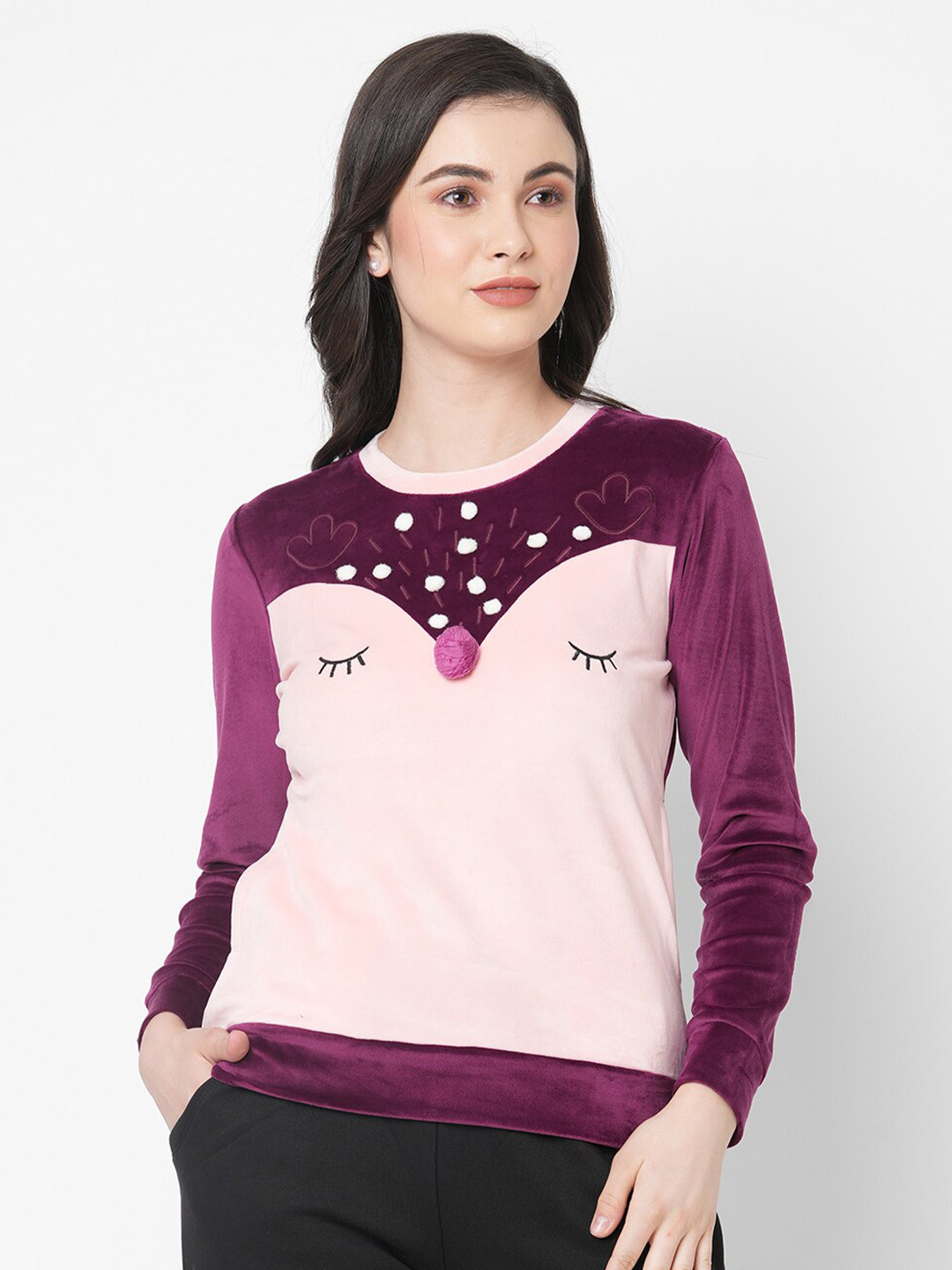 

SDL by Sweet Dreams Women Pink Self Design Sweatshirt