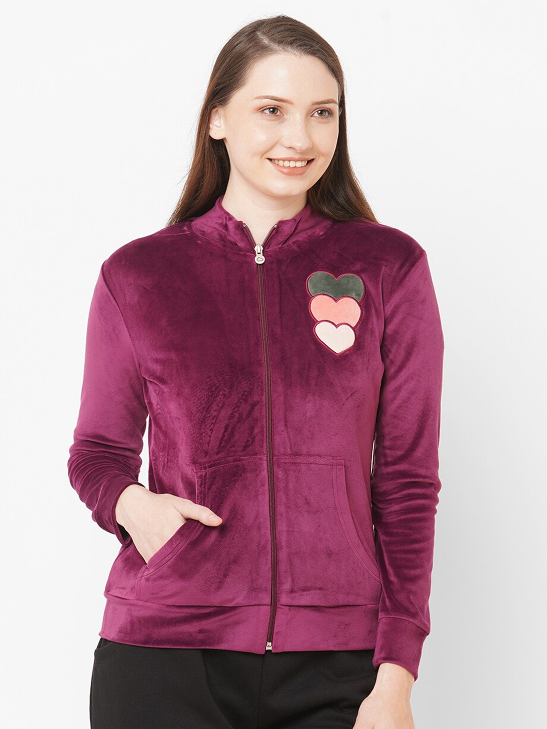 

SDL by Sweet Dreams Women Burgundy Solid Applique Fleece Sweatshirt