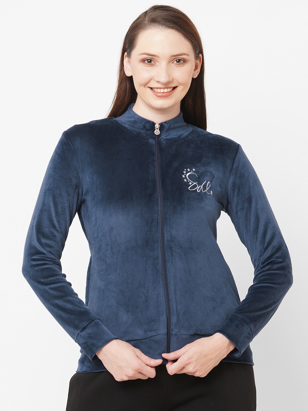 

SDL by Sweet Dreams Women Navy Blue Solid Fleece Sweatshirt with Embroidered Detail