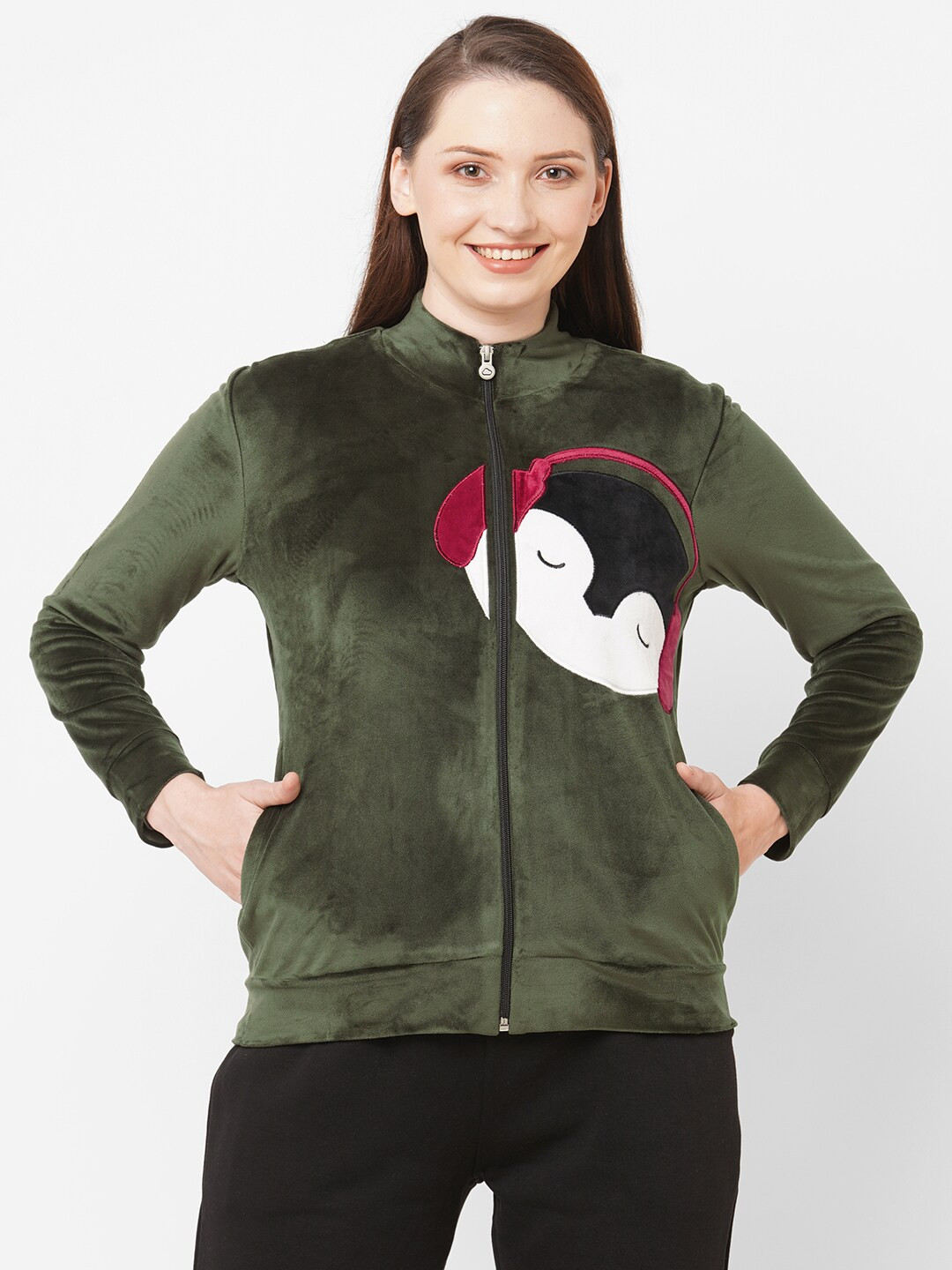 

SDL by Sweet Dreams Women Olive Green Printed Sweatshirt
