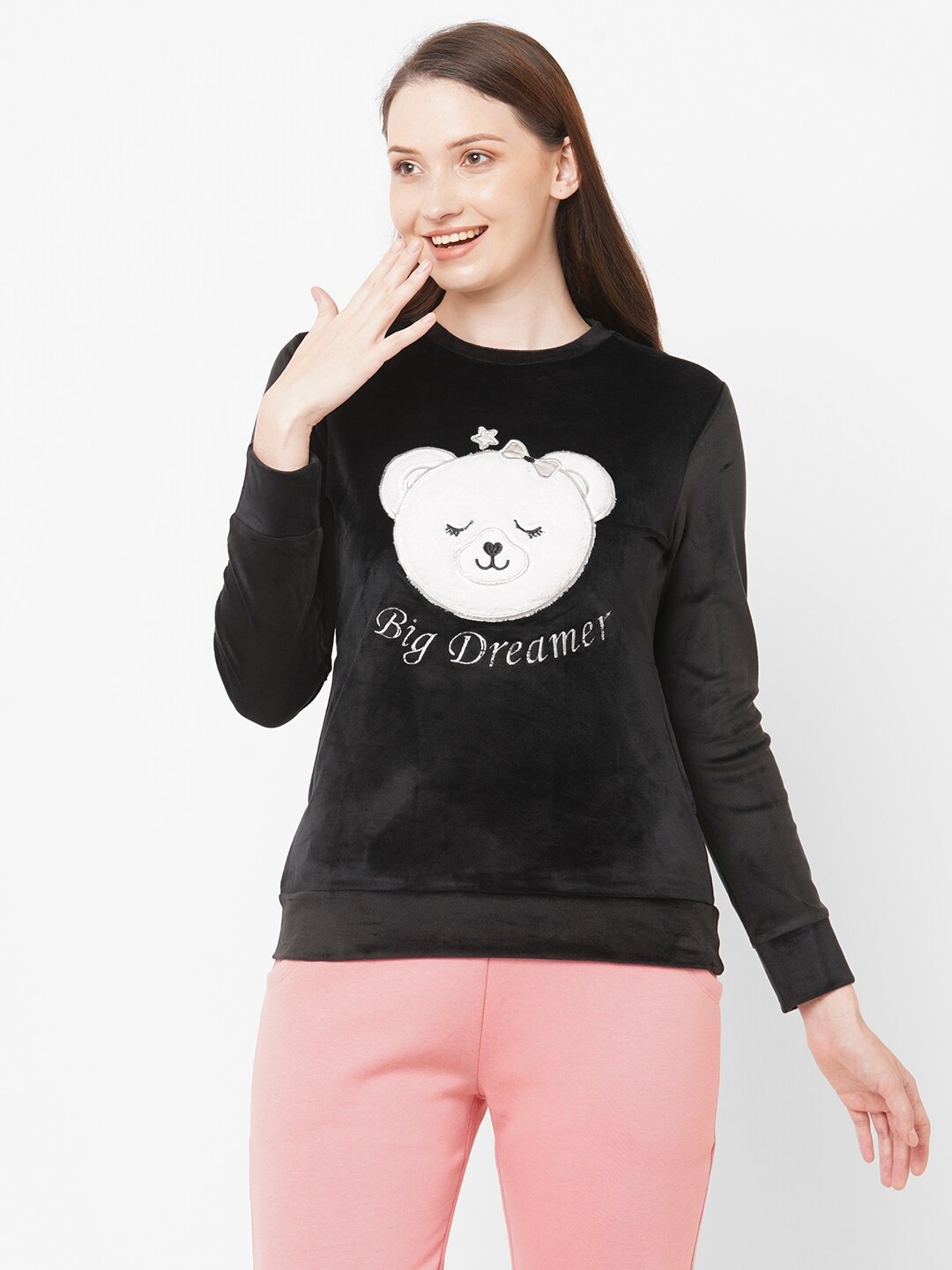 

SDL by Sweet Dreams Women Black Self Design Fleece Sweatshirt with Applique Detail