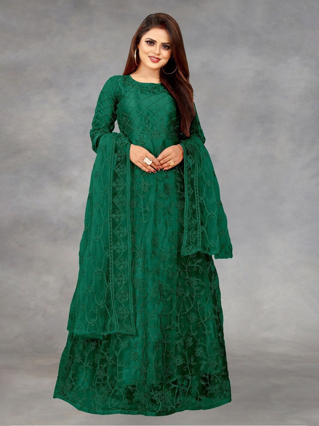 

APNISHA Green Embroidered Semi-Stitched Dress Material