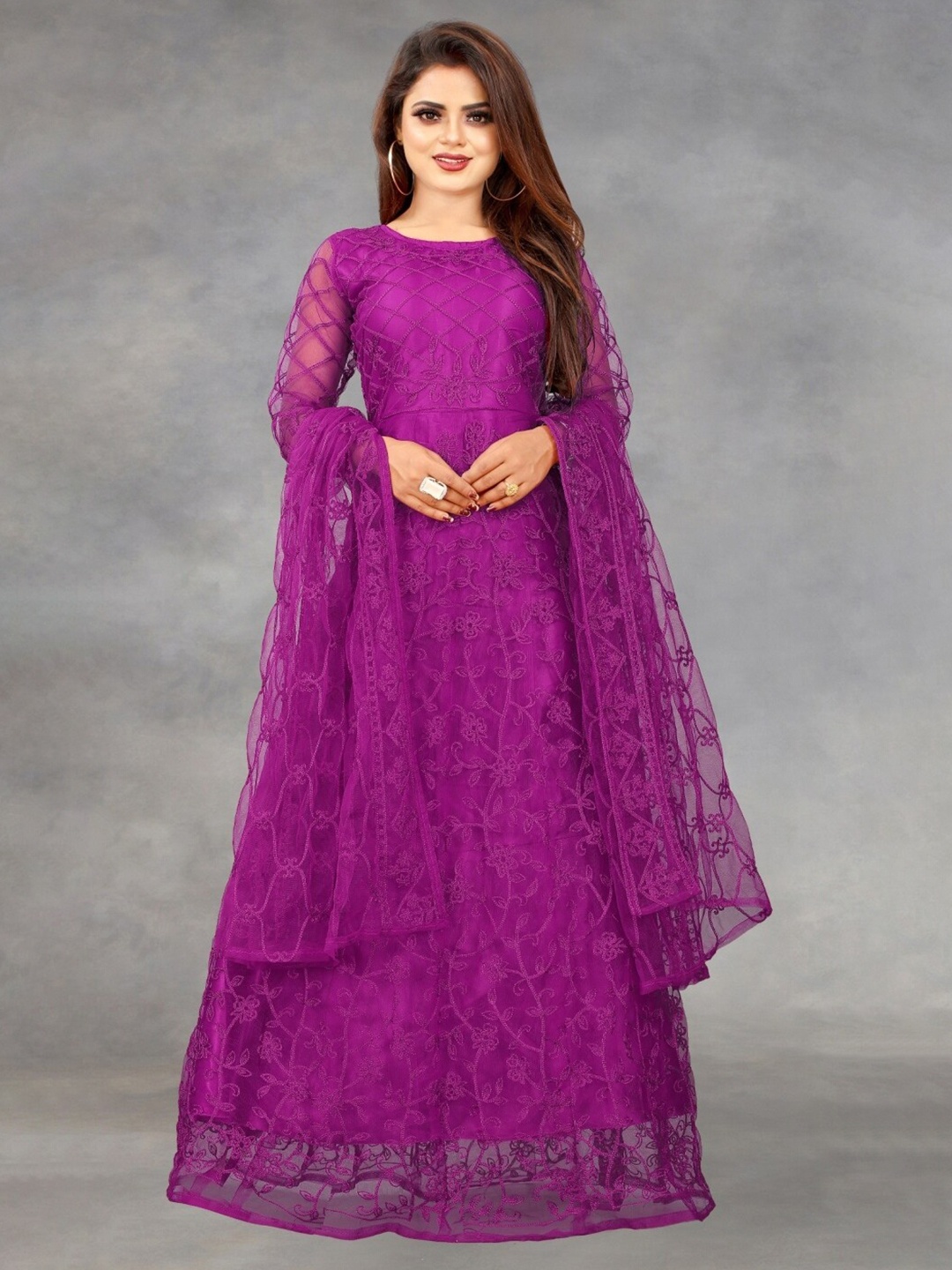 

APNISHA Women Purple Floral Embroidered Maxi Semi-Stitched Dress with Dupatta