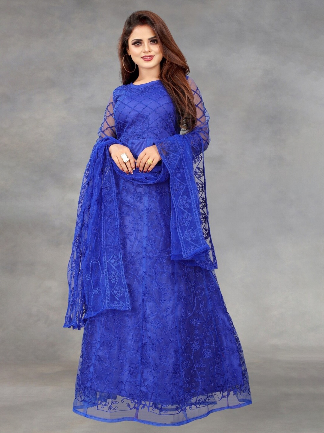 

APNISHA Women Blue Net Semi Stitched Maxi Dress With Dupatta