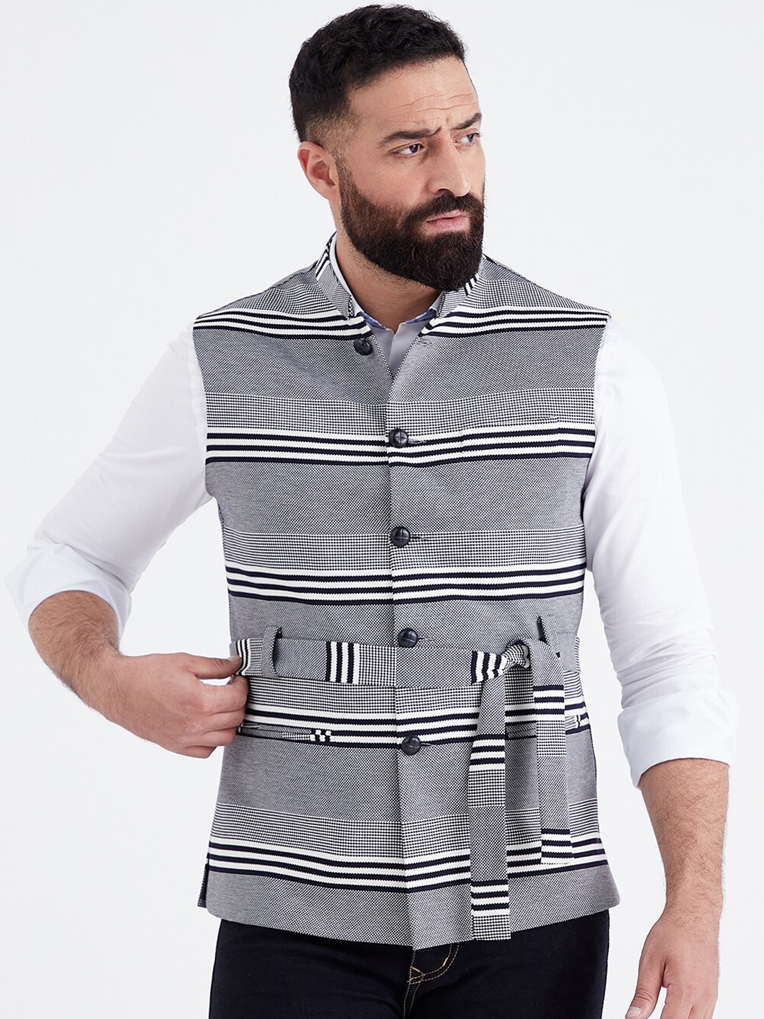 

MR BUTTON Men White Printed Woven Nehru Jackets, Grey