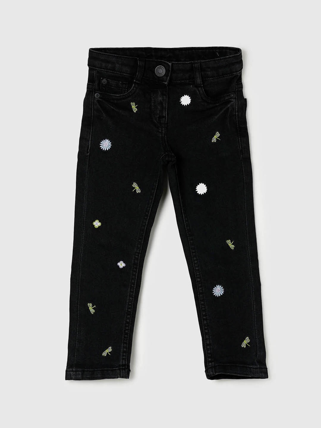 

max Girls Black Printed Regular Fit Cotton Jeans