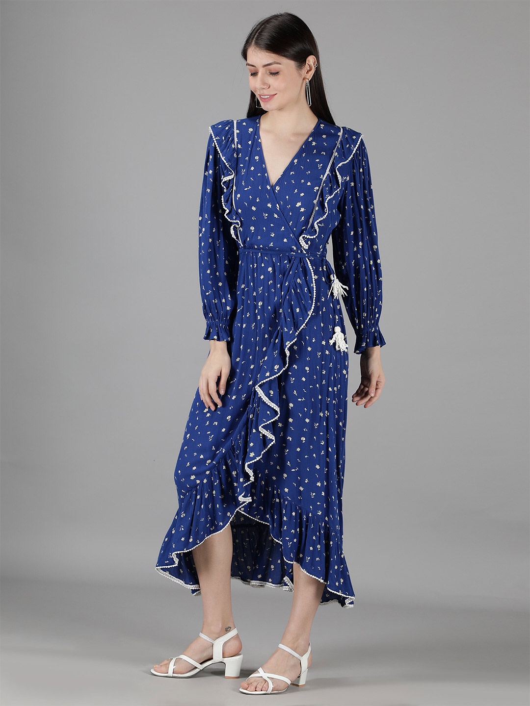 

Amagyaa Navy Blue Printed Ruffle Wrap Tulip Dress