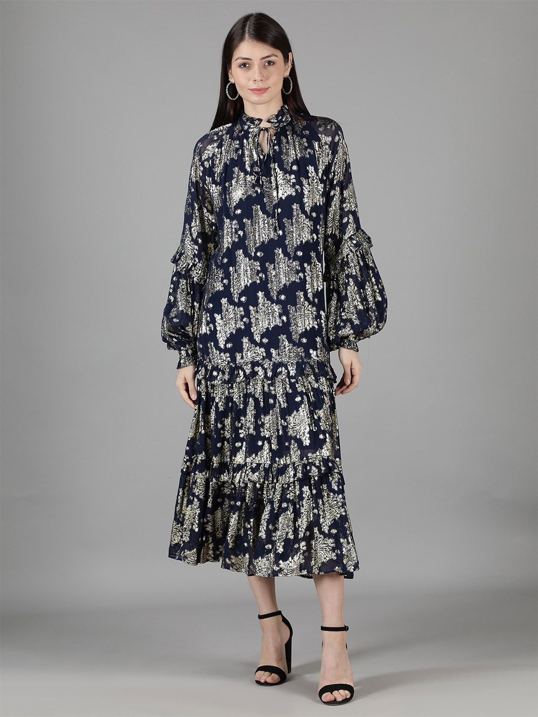 

Amagyaa Navy Blue Floral Tie-Up Neck Georgette A-Line Midi Dress