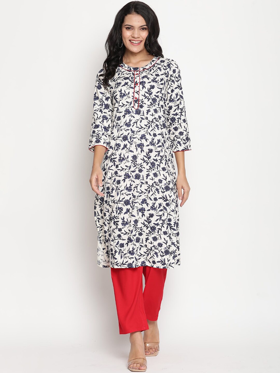 

Be Indi Women Round Neck Floral Straight Side Slits Regular Kurta, White
