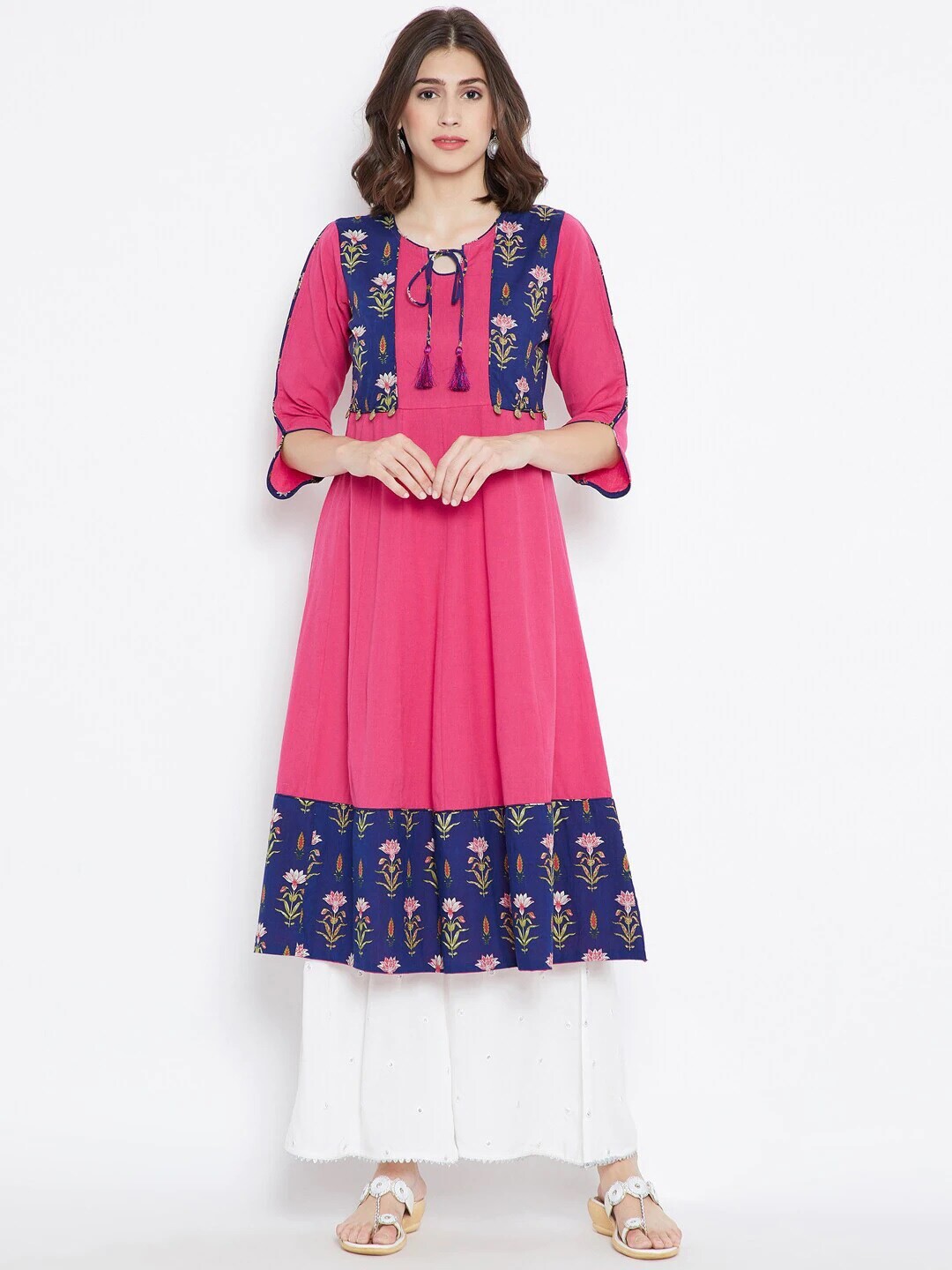 

Be Indi Women Pink & Blue Printed Cotton Anarkali Kurta