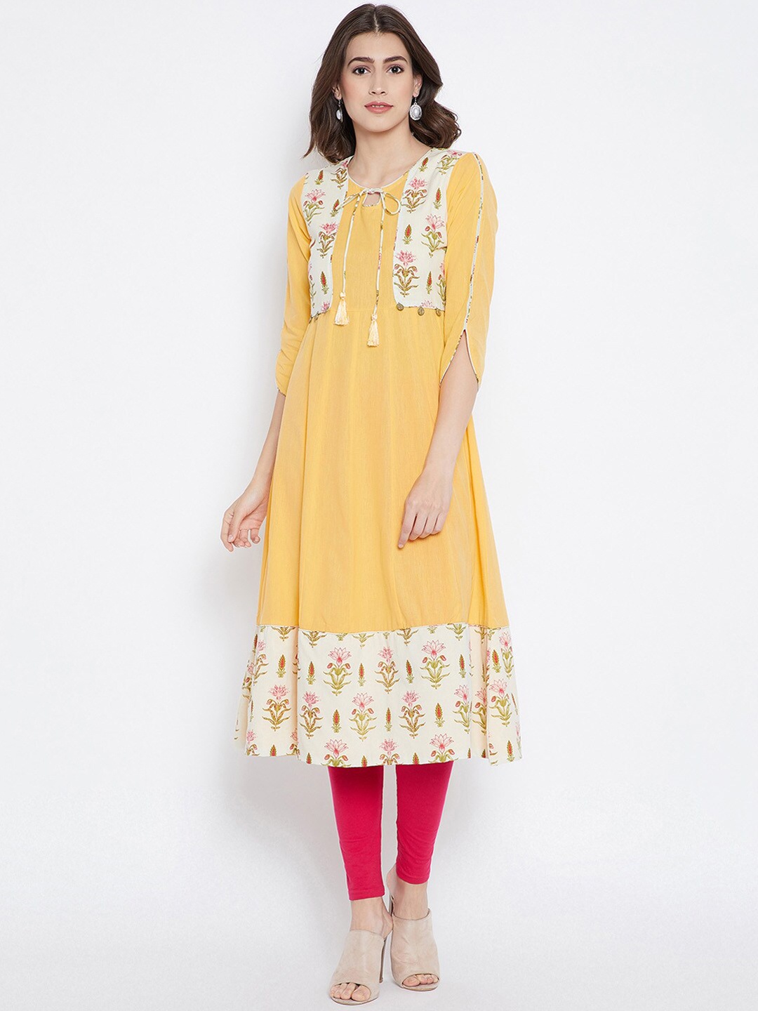 

Be Indi Women Yellow & Off White Floral Printed Cotton Kurta