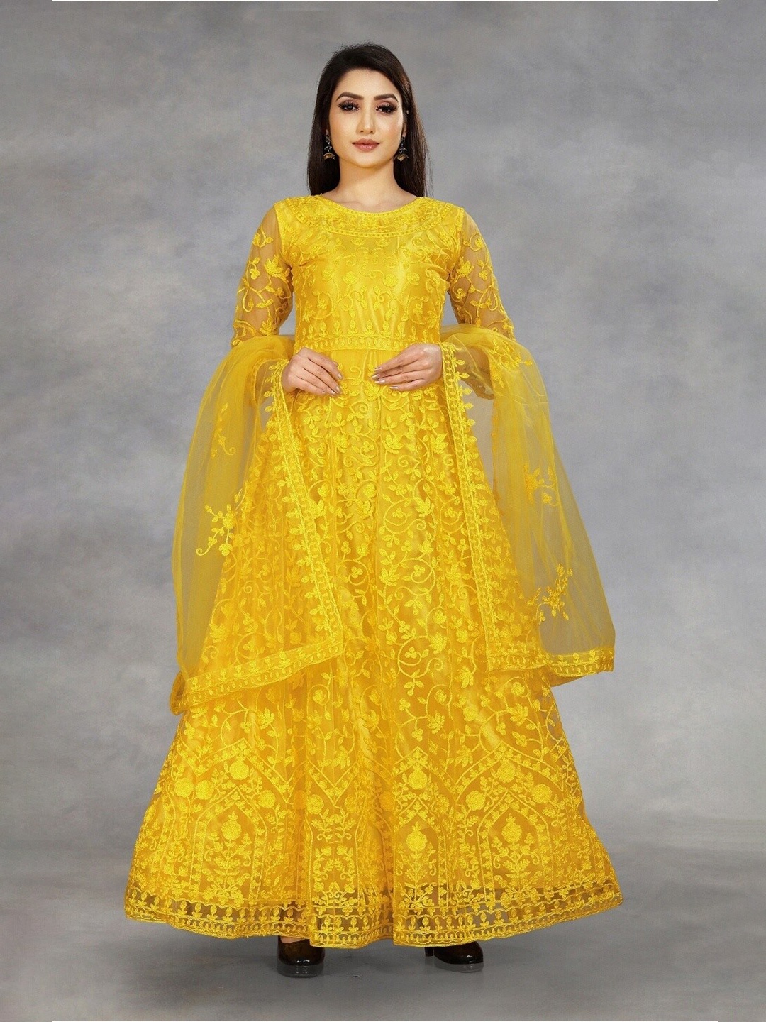 

APNISHA Yellow Floral Embroidered Net Maxi Maxi Dress With Dupatta