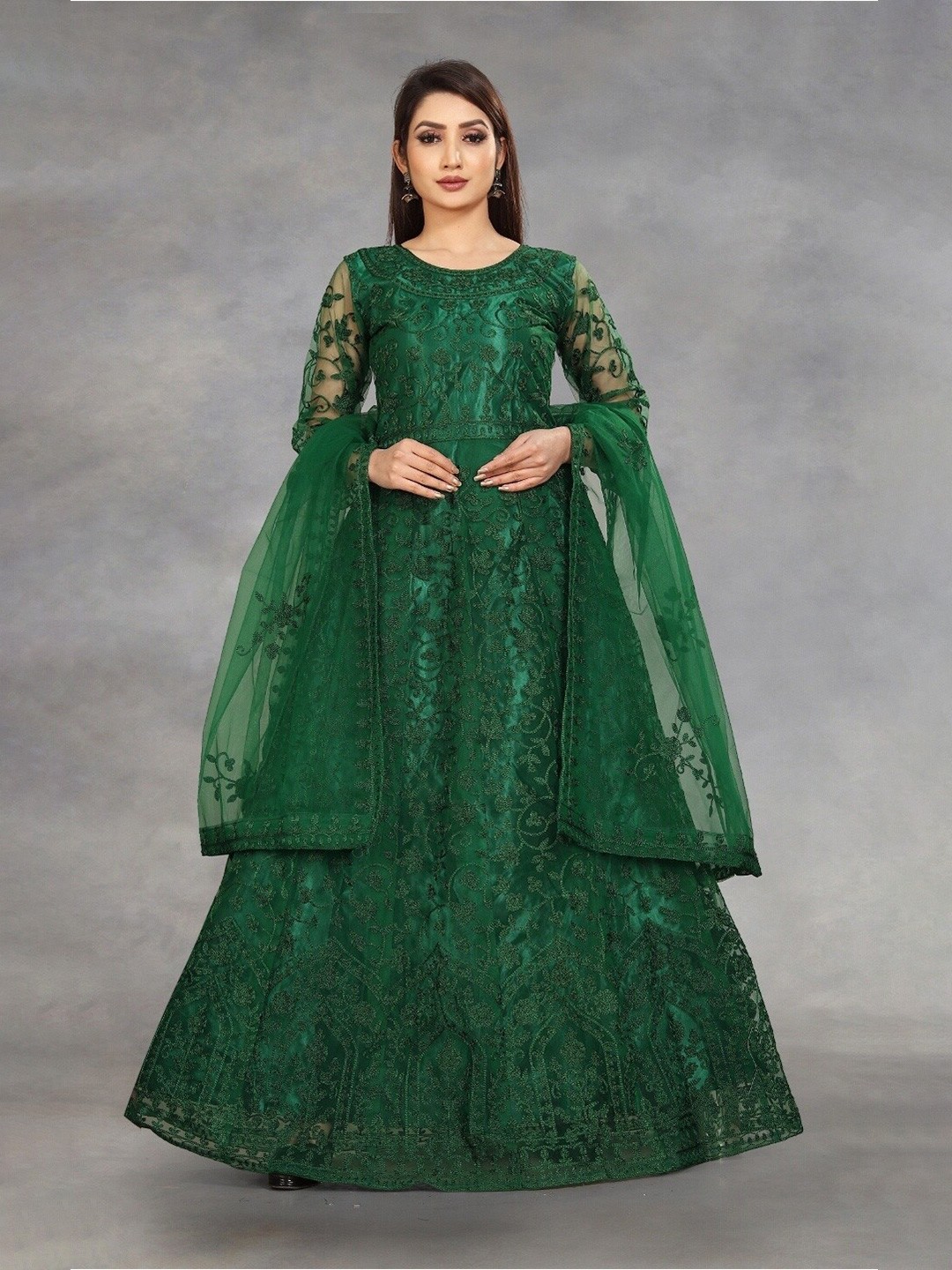 

APNISHA Green Embroidered Semi-Stitched Dress Material