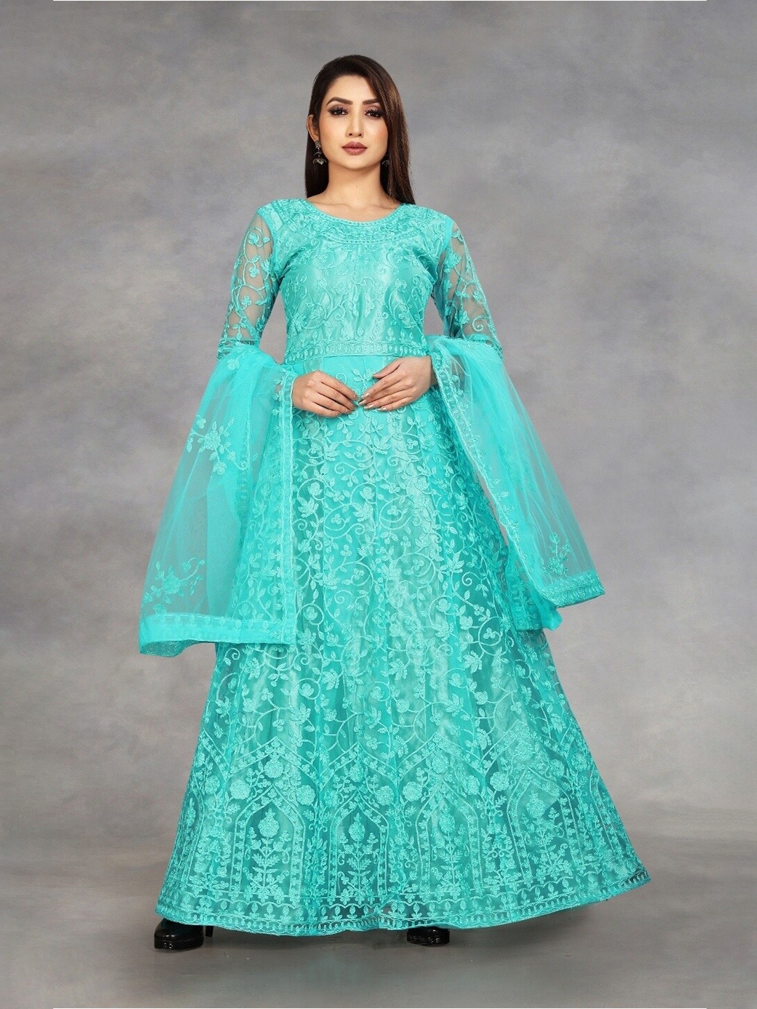 

APNISHA Women Sea Green Embroidered Pure Silk Semi-Stitched Gown Material With Dupatta