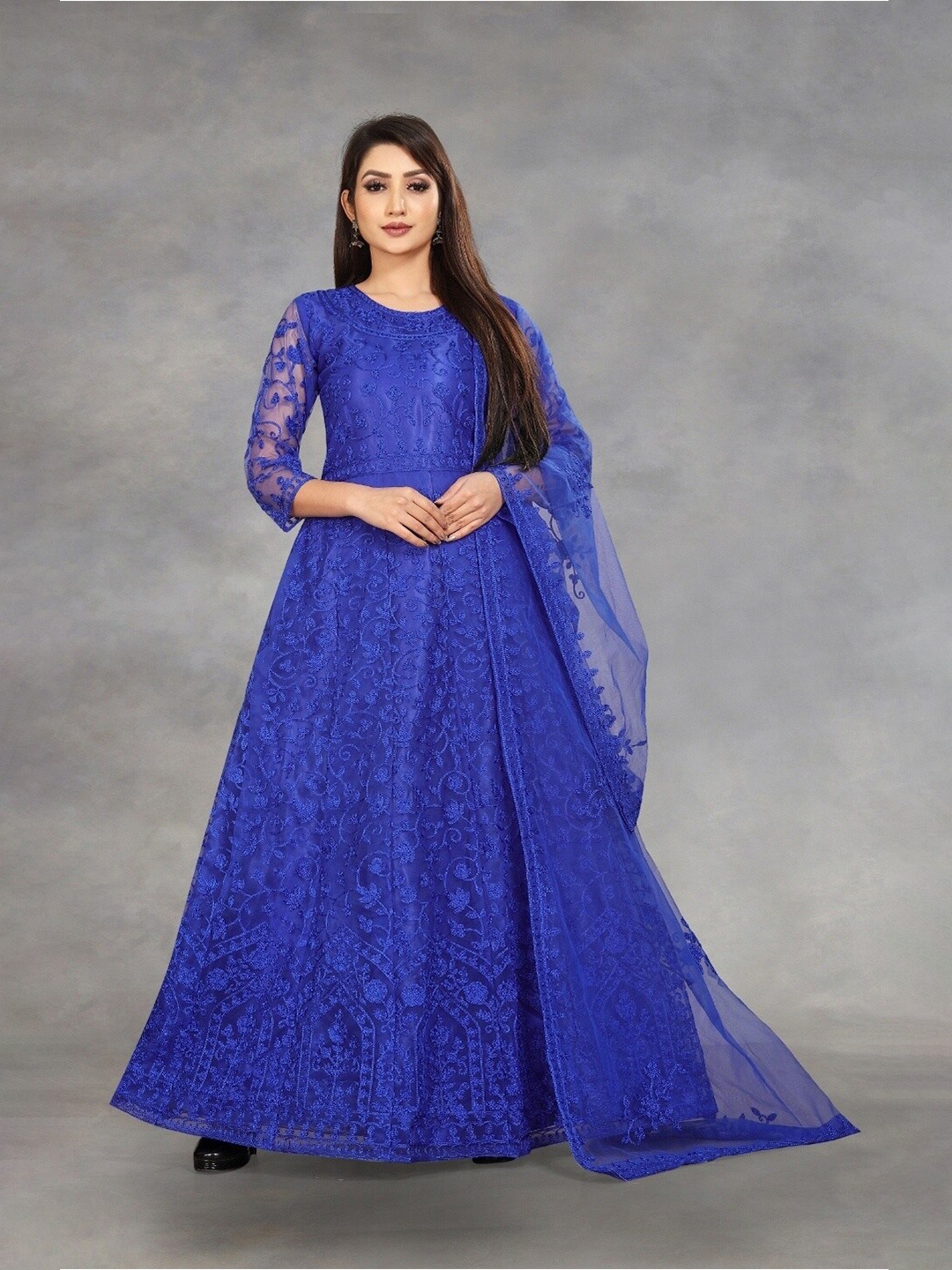 

APNISHA Blue Embroidered Semi-Stitched Dress Material