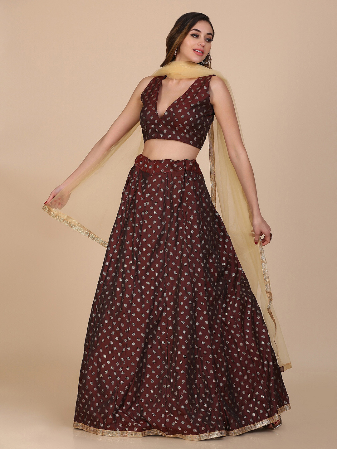 

Warthy Ent Brown & Gold-Toned Printed Semi-Stitched Lehenga & Unstitched Blouse With Dupatta