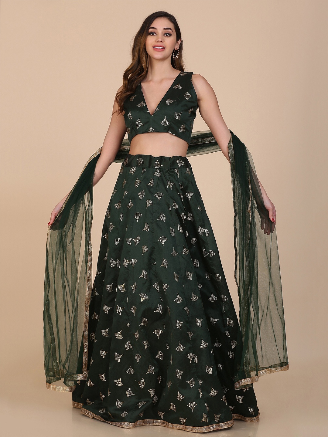 

Warthy Ent Green & Gold-Toned Printed Semi-Stitched Lehenga & Unstitched Blouse With Dupatta