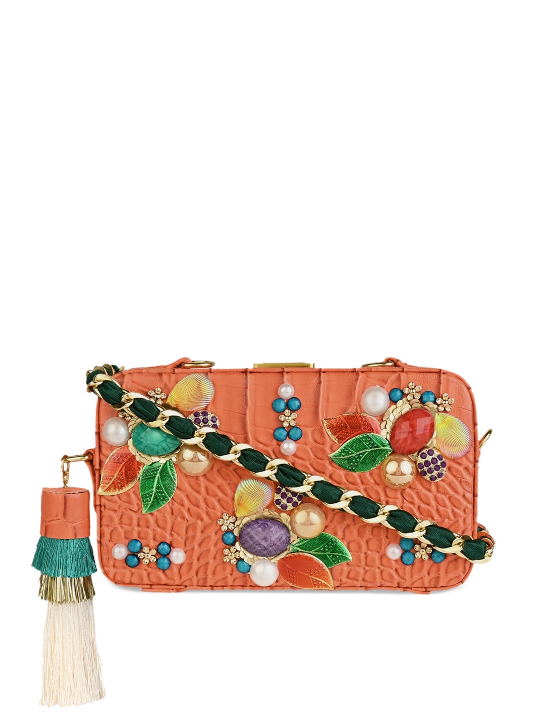 

Vdesi Orange PU Swagger Embellished Sling Bag with Tasselled