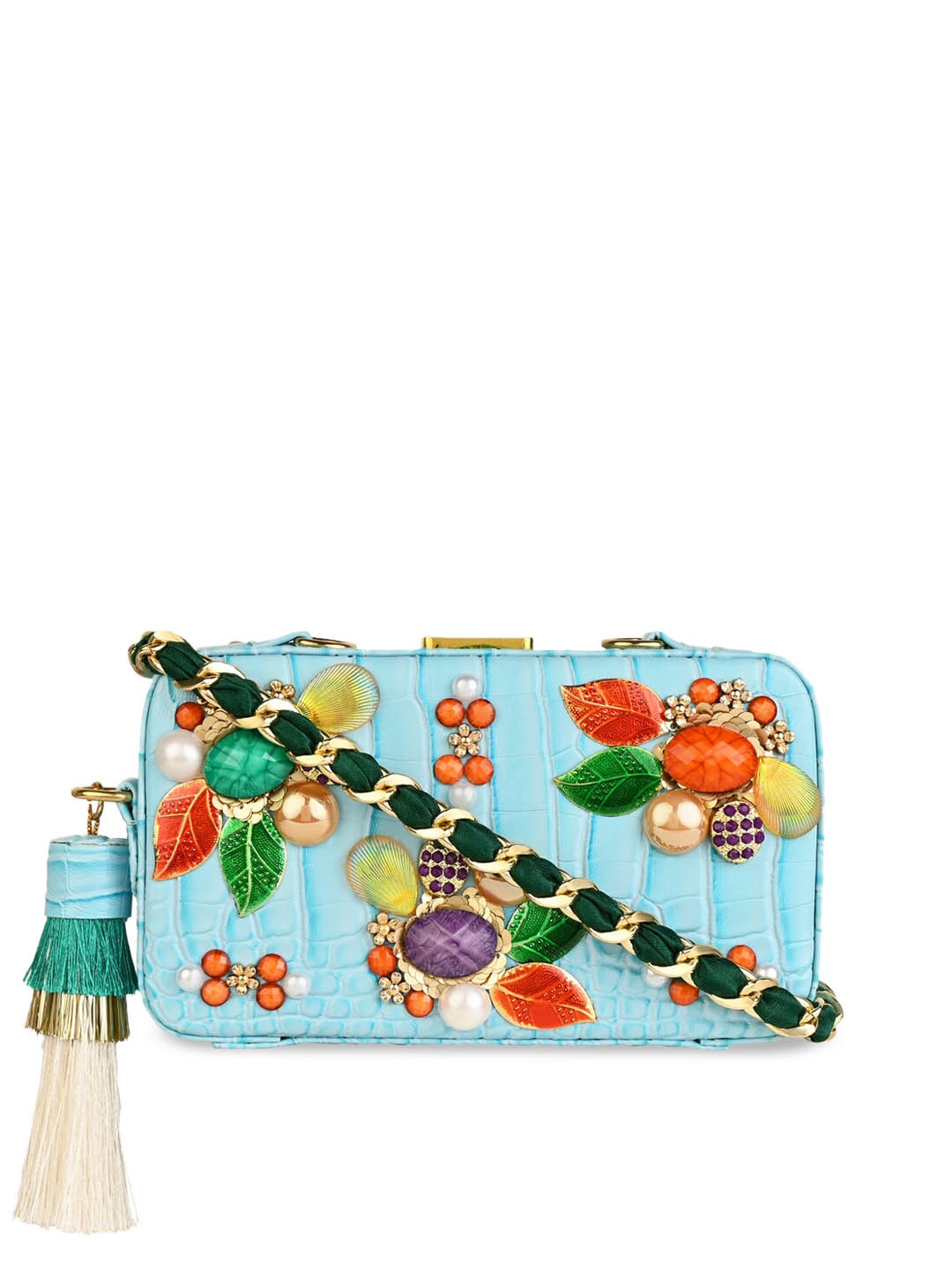 

Vdesi Blue Embellished PU Structured Small Sling Bag with Tasselled