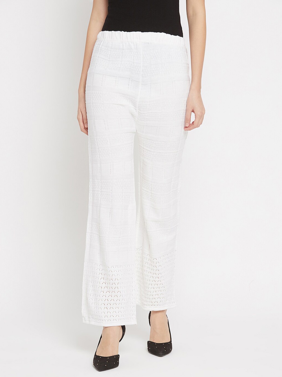 

Clora Creation Women White Solid Knitted Palazzos