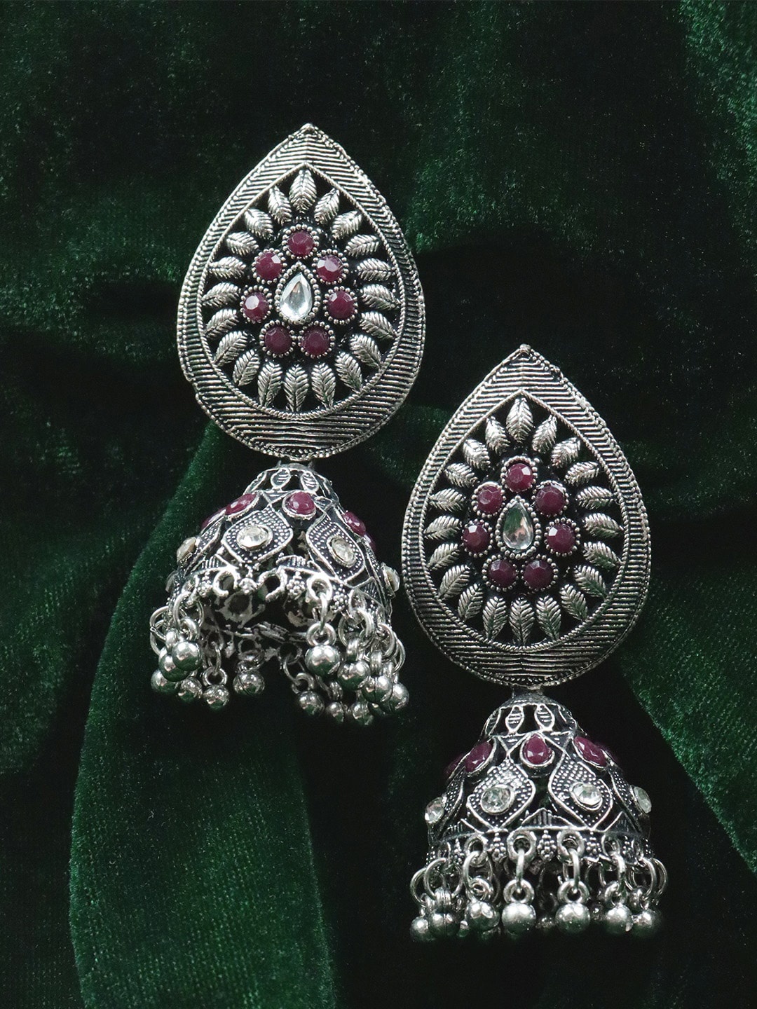 

Krelin Women Silver-Toned & Maroon Contemporary Oxidised Jhumkas Earrings